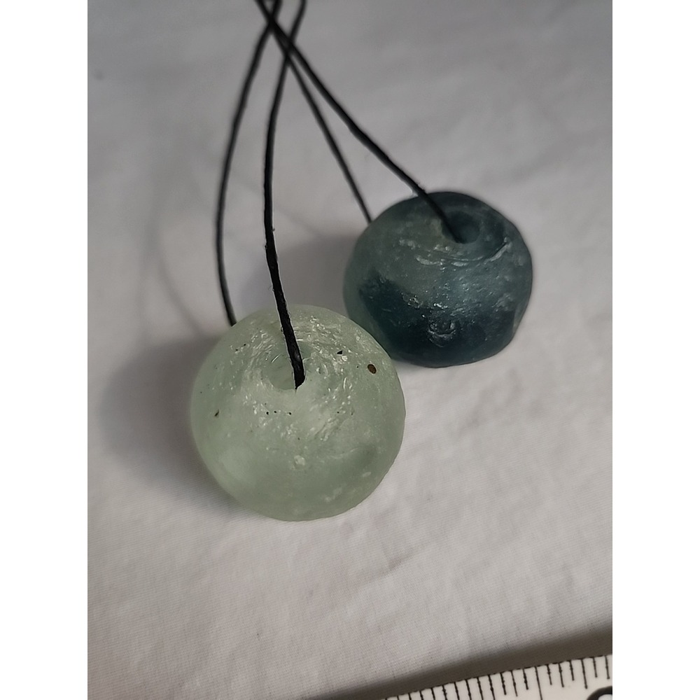 Large Recycled‎ Glass Beads Frosted Sea Glass Style Mint Green Teal Blue 2pc Set
